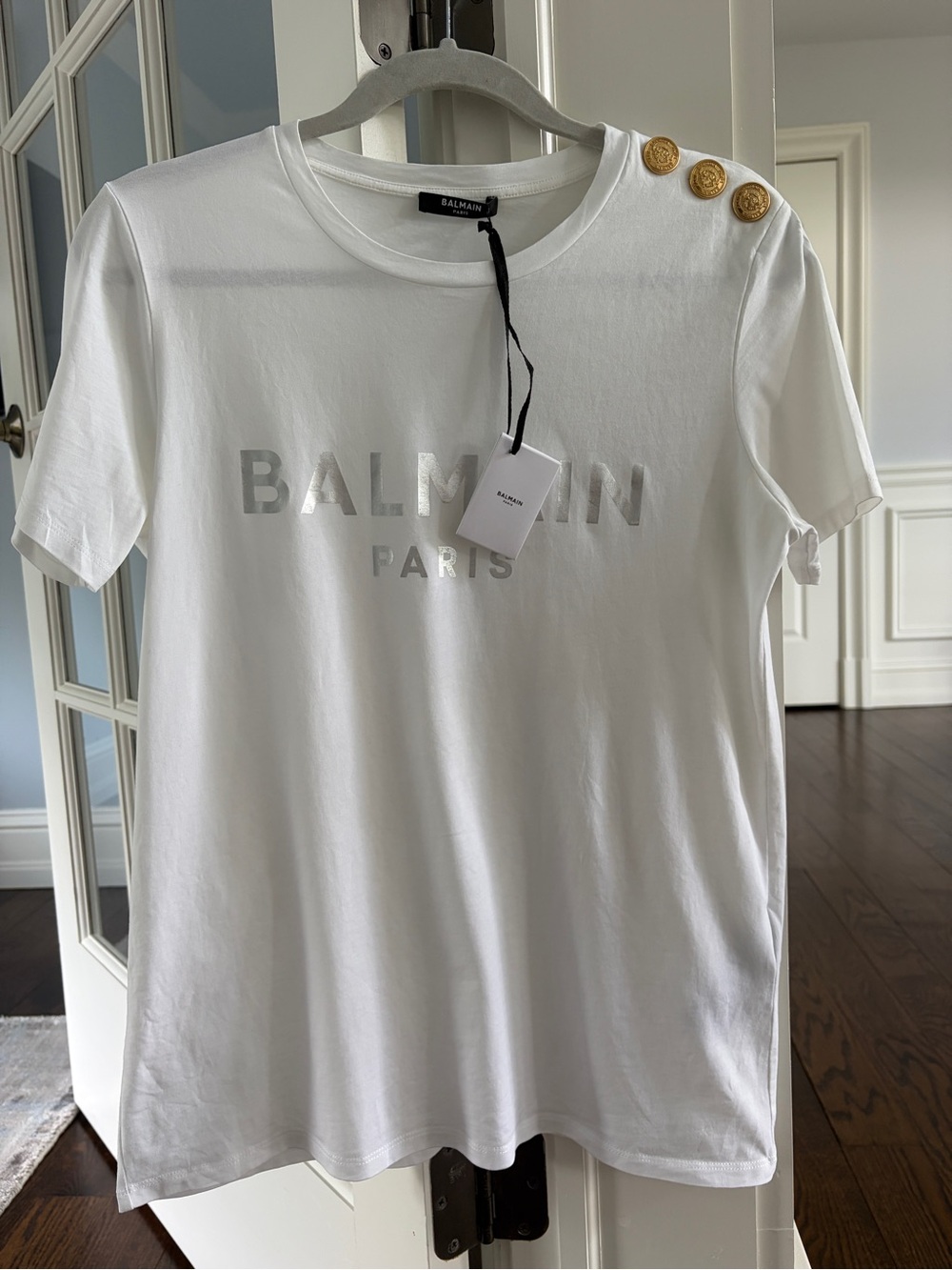 Balmain Paris White Logo Tee with Gold Button Detail